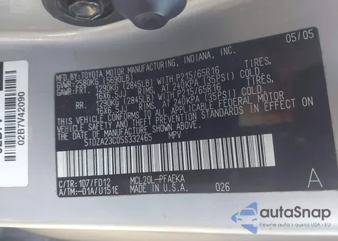 2005 Toyota Sienna Ce from USA, damaged, VIN 5TDZA23C05S332465